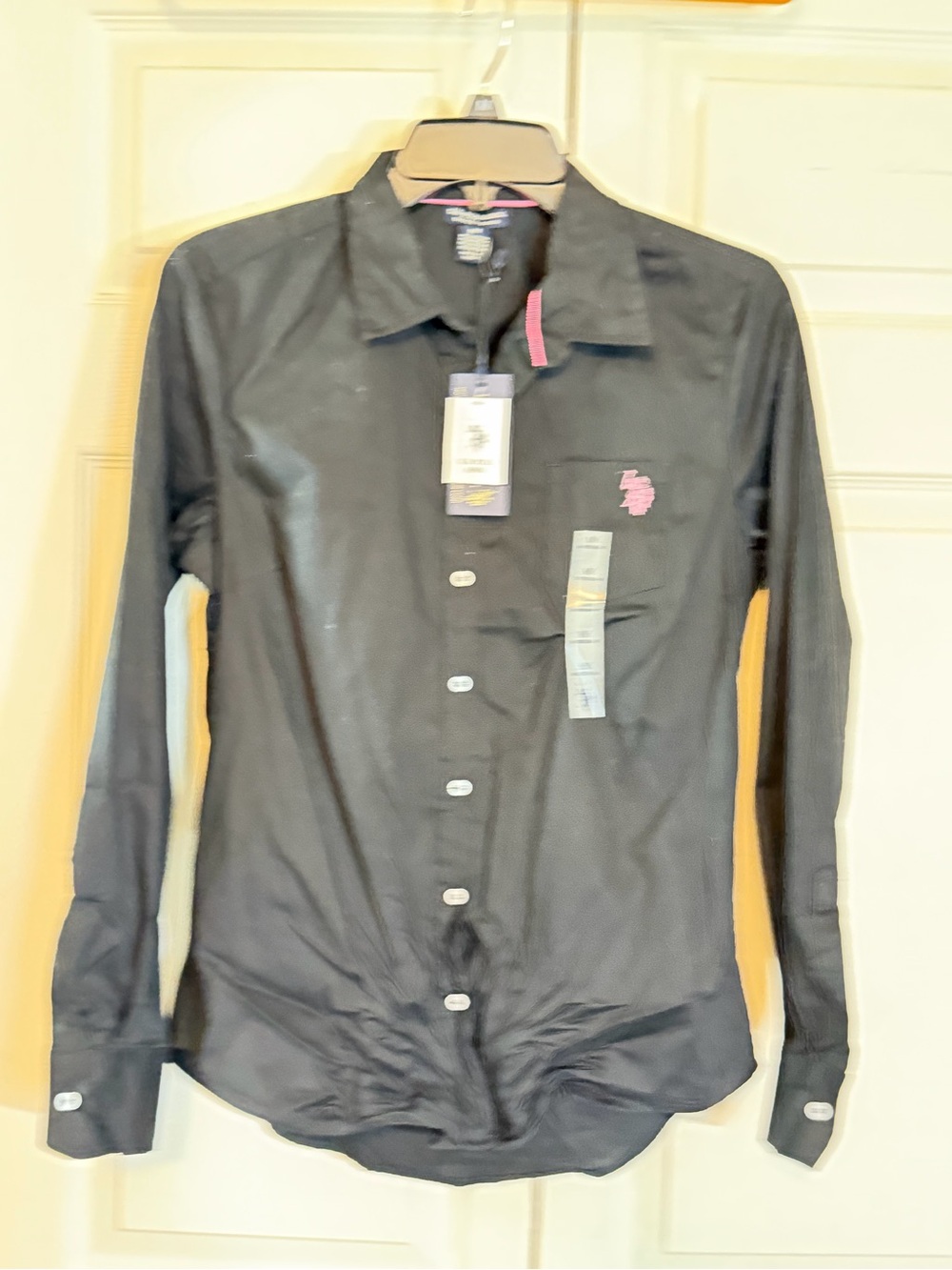 NWT U. S. Polo Assn. Women's Black Button Down Shirt Long Sleeve MED pink Pony